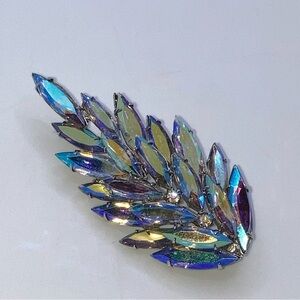 Vtg AB Navette Crystal Leaf Fern Brooch Unsigned Aurora Borealis 2.6”